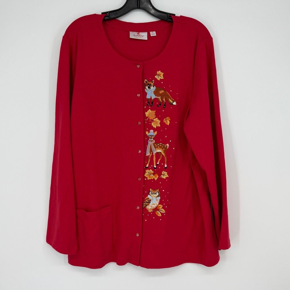 Quacker‎ Factory Red Embroidered Owl Fox Deer Cardigan Sweater XL Woodland